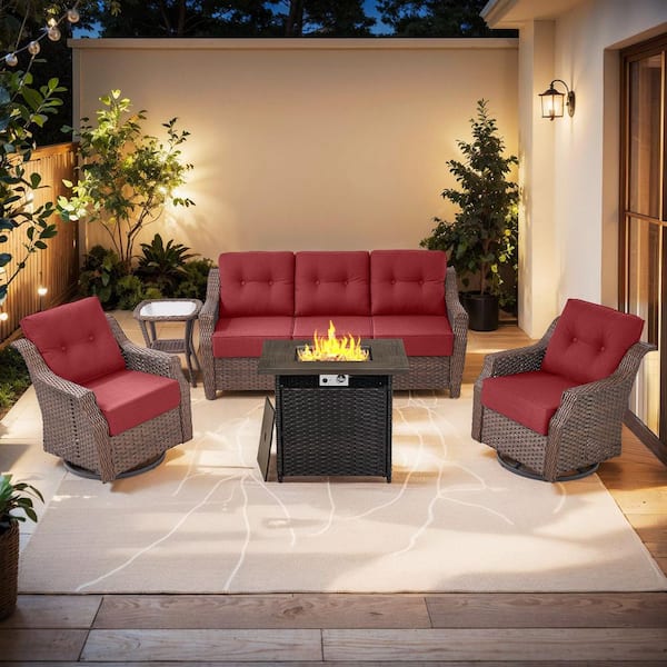 Modern Farmhouse 5-Piece Brown Wicker Square Fire Pit Conversation Set with Red Cushions and Patio Swivel Chairs
