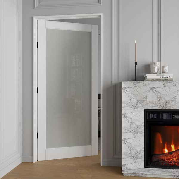 36 in. x 80 in. 1-Lite Frosted Glass Right Handed White Solid Core MDF Door with Quick Assemble Jamb Kit