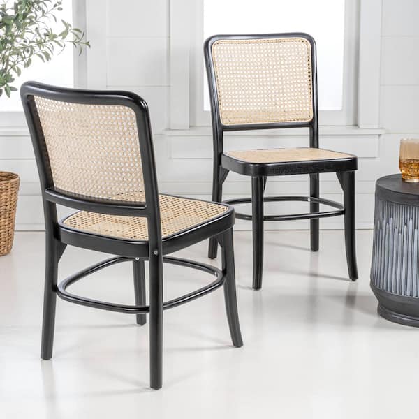Colmar Mid-Century Vintage Wood Rattan Dining Chair, Black/Natural (Set of 2)