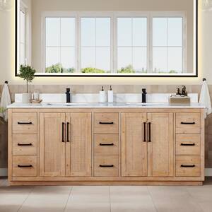 Floral 84 in. W x 22 in. D x 33 in. H Freestanding Bath Vanity in Brown with Calacatta White Quartz Top without Mirror