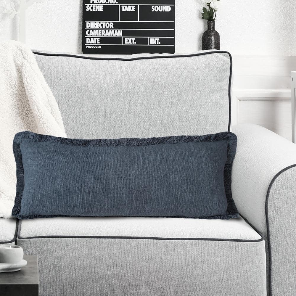Coastal Navy Blue Cotton Fringe 36" x 14" Rectangular Throw Pillow