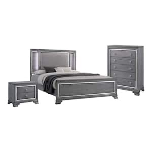 Tannon 3-Piece Light Gray California King Wood Bedroom Set, Bed with Nightstand and Chest