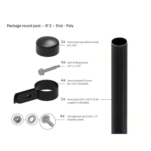 Round 2-3/8 in. x 8 ft. 2 ft. Poly Cap End Fence Black Steel Post (1-Pack)