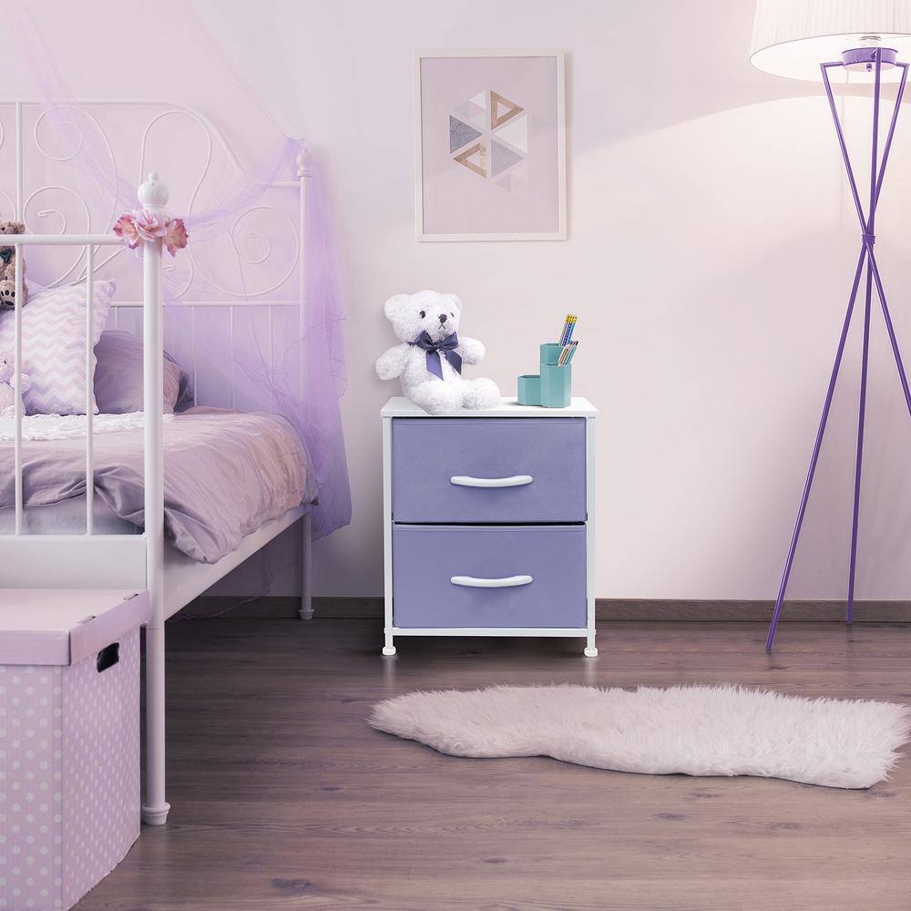 Purple and White Fabric 2-Drawer Nightstand with Steel Frame