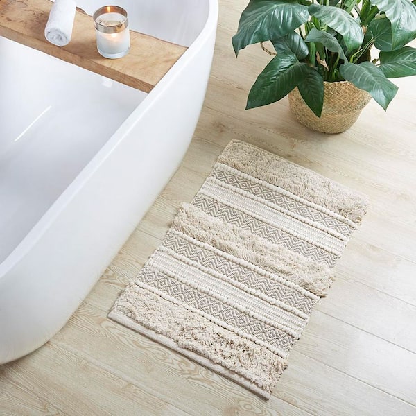20 in. x 32 in. Beige Woven Texture Stripe Bath Rug