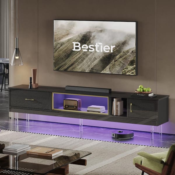 Bestier 80 in. High Gloss TV Stand fits TVs up to 85 in. LED Entertainment Center with Drawer and Cabinets Black and Gold