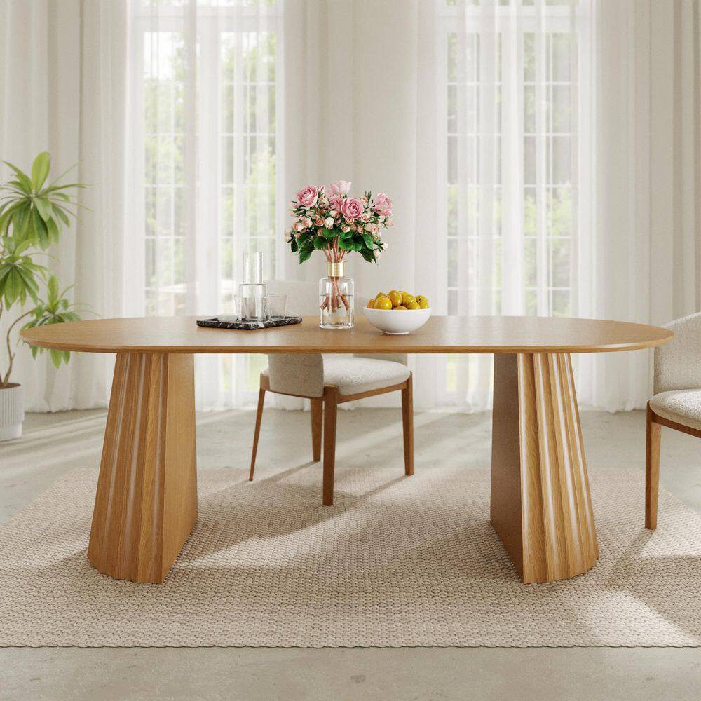 Modern Oval Oak Wood 79 in. Double Pedestal Dining Table Seats 8