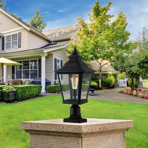 Sunpez 1-Light Column Lamp Black Porch Lights Outdoor Light Fixtures, Glass Shade, E26, Bulb Not Included