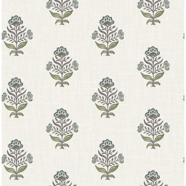 Hollyhock Aqua Blue Floral Crest Wallpaper