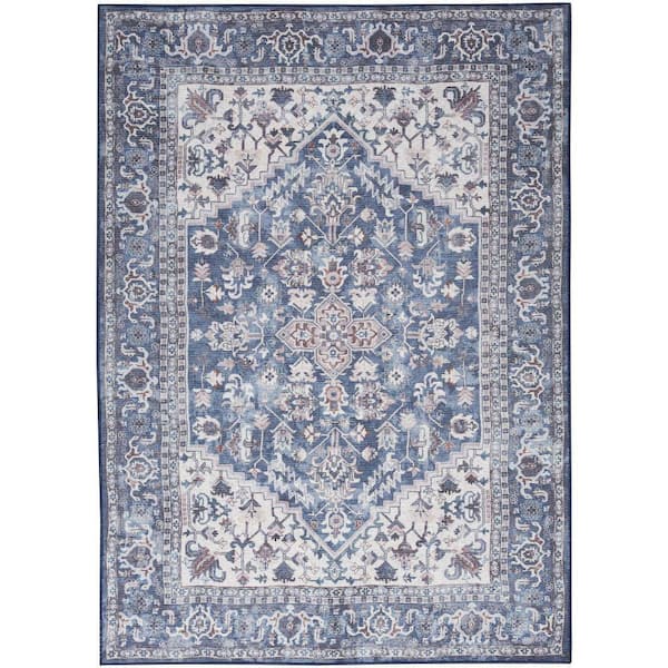 Unbranded New Concept Machine Washable Navy Ivory 5 ft. x 7 ft. Distressed Traditional Area Rug
