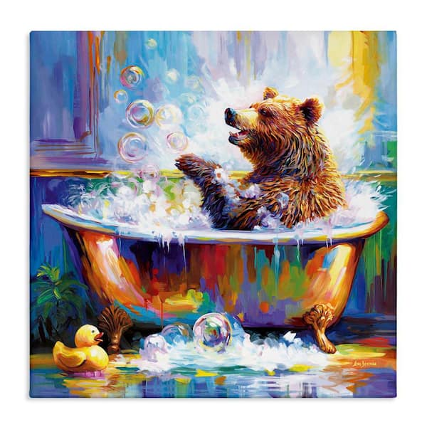 Stupell Industries Happy Bear in Bathtub by Leon Devenice Unframed Animal Graphic Art Print 24 in. x 24 in.
