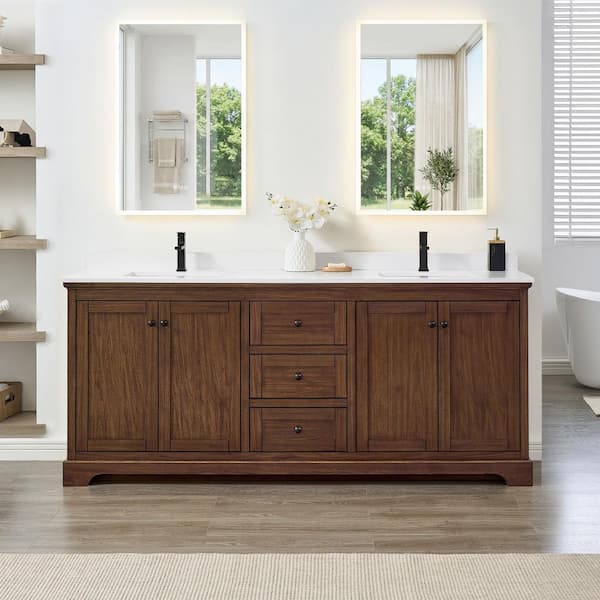 Avery 80 in. Double Freestanding Dark Walnut with Matte Black Trim Bath Vanity with White Cultured Marble Top