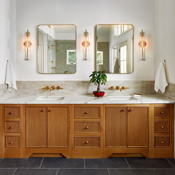 Dvorakova 19.53 in. 1-Light Cylinder Brushed Gold Wall Sconce with Crackle Glass Shade