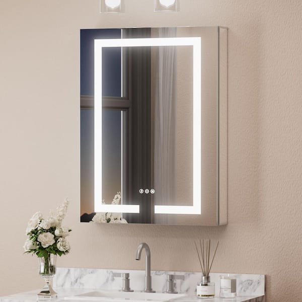 KeonJinn 24 in. W x 32 in. H Rectangular Aluminum LED Medicine Cabinet with Mirror 3-Color Lights, Recessed/Surface Mount