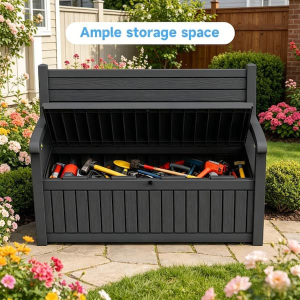 90 Gal. Black Resin Outdoor Storage Bench with Waterproof, Large Entryway Large Lockable Capacity Deck Box