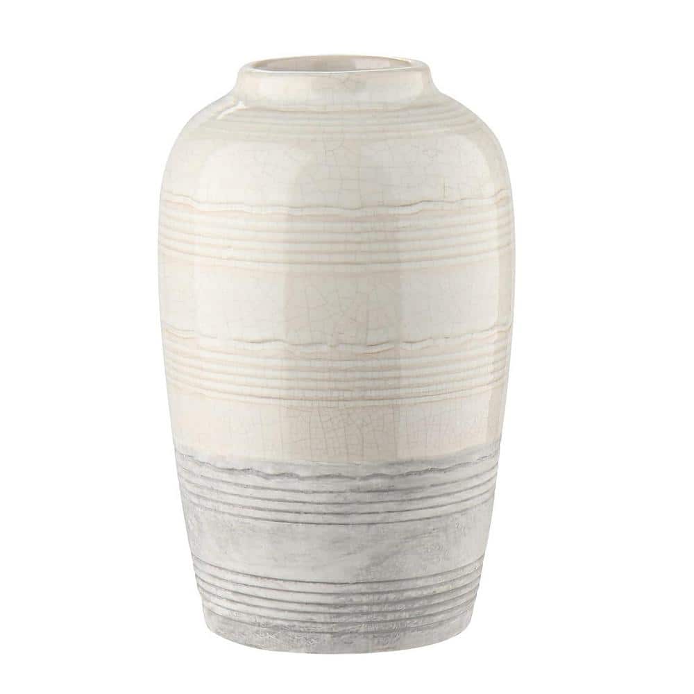 9 in. White Round Decorative Ceramic Vase for Flower 2-Tone Boho Flower Vas