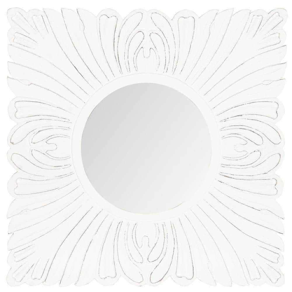 Renaissance Inspired 28" Square White Carved Wood Wall Mirror