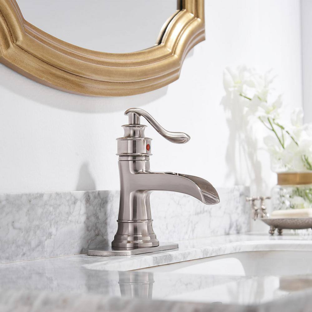 Brushed Nickel Waterfall Single-Handle Bathroom Faucet with Drain Assembly