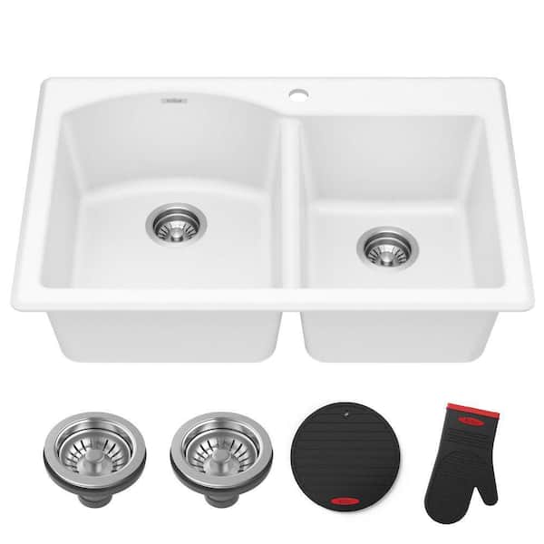 Forteza 33 in. Drop-in/Undermount 60/40 Double Bowl White Granite Composite Kitchen Sink