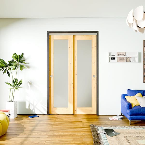 48 in. x 80 in. (Double 24 in.) Pine Wood Color No Bore Full Lite Frosted Glass Interior Door Slab with Bypass Hardware