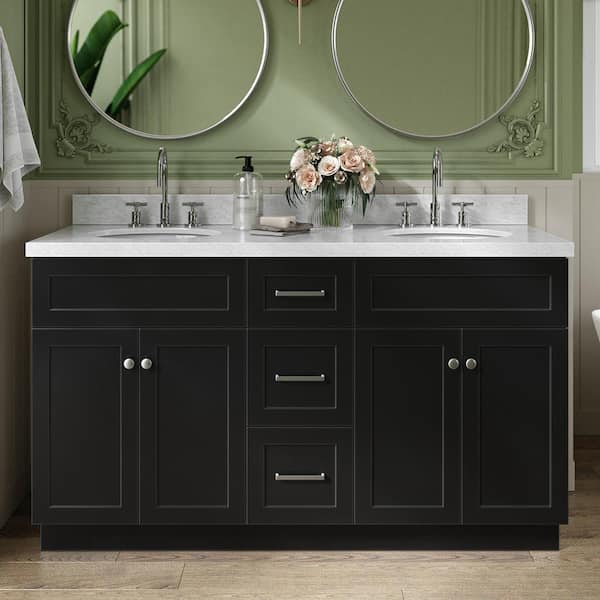 ARIEL Hamlet 61 in. W x 22 in. D x 36 in. H Bath Vanity in Black with White Carrara Marble Vanity Top