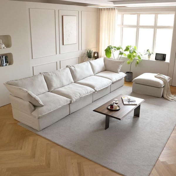 J&E Home 162.9 in. W Flared Arm 5-Piece 5-Seats Linen L-Shape Modular Sectional Sofa with Ottoman in Light Beige