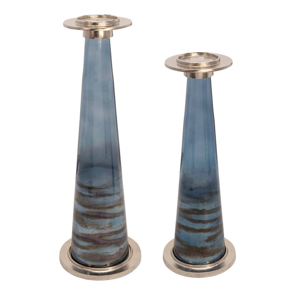 22" Blue and Brown Glass Pillar Candle Holder