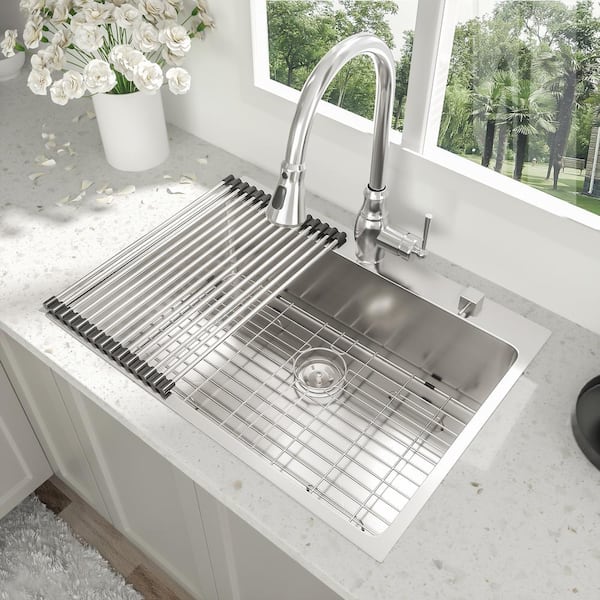 PROOX Stainless Steel 33 in. Single Bowl Drop-In Kitchen Sink with All-in-One Accessory Set, Brushed Nickel