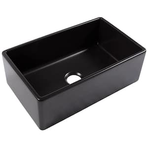 Black 33 in Farmhouse Single Bowl Fireclay Apron Kitchen Sink with Bottom Grid and Drain