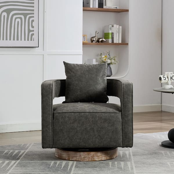 29.1 in. W Gray PU Swivel Modern Accent Arm Chair with Weathered Base for Hotel, Bedroom