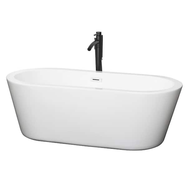 Wyndham Collection Mermaid 67 in. Acrylic Flatbottom Bathtub in White with Shiny White Trim and Matte Black Faucet
