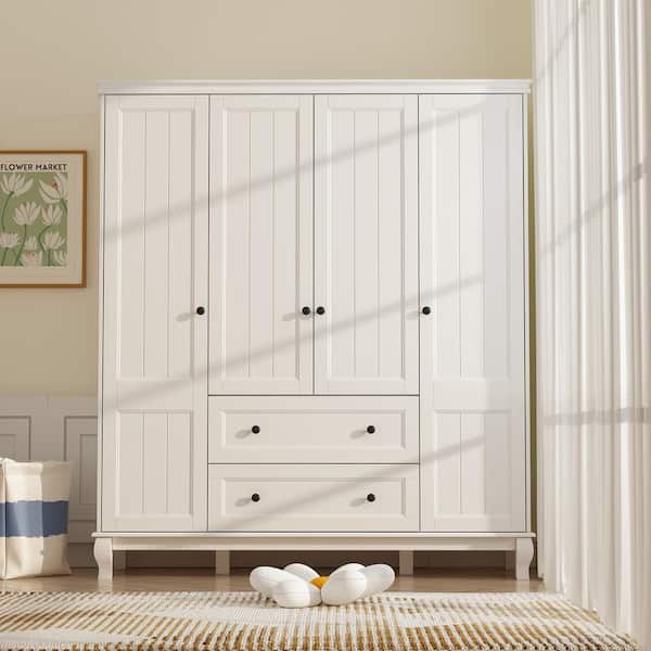 FUFU&GAGA White Wood 63 in. W 4-Door Big Armoires Wardrobe with Hanging Rod, 2-Drawers, Storage Shelves(18.9 in. D x 71.3 in. H)