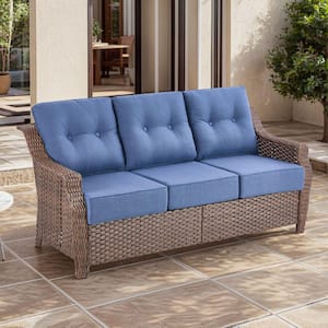 Round Side Series 3 Seat Wicker Outdoor Patio Sofa Couch with Deep Seating and Blue Cushions