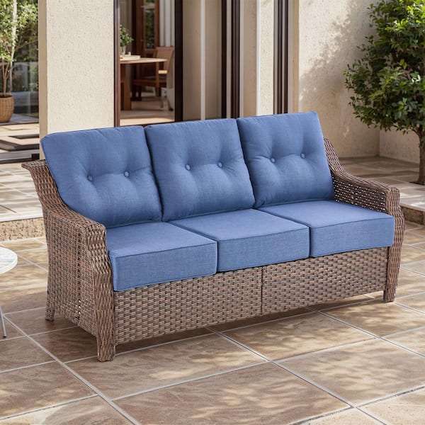 Round Side Series 3 Seat Wicker Outdoor Patio Sofa Couch with Deep Seating and Blue Cushions