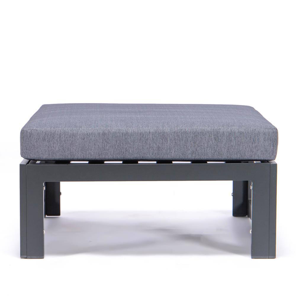 Chelsea Modern Black Aluminum Outdoor Ottomans with Blue Cushions, Set of 2