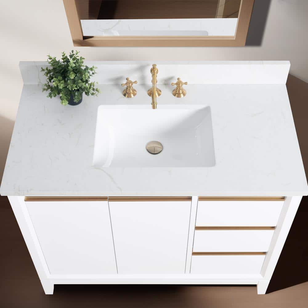 42" White MDF Freestanding Bathroom Vanity with Engineered Marble Top