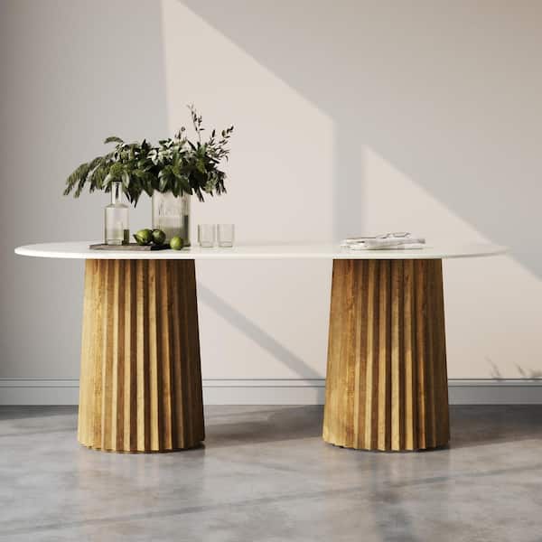 Omo Oval in Natural Finish, Marble Top, 78 in, x 39 in. Double Pedestal Dining Table with 6-Seating Capacity