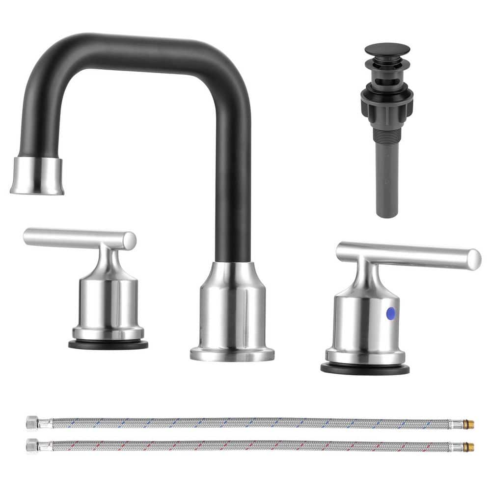8 in. Widespread Double-Handle High-Arc 360° Swivel Spout Bathroom Sink Faucet with Pop-Up Drain in Nickel and Black price history on PriceWatchPro