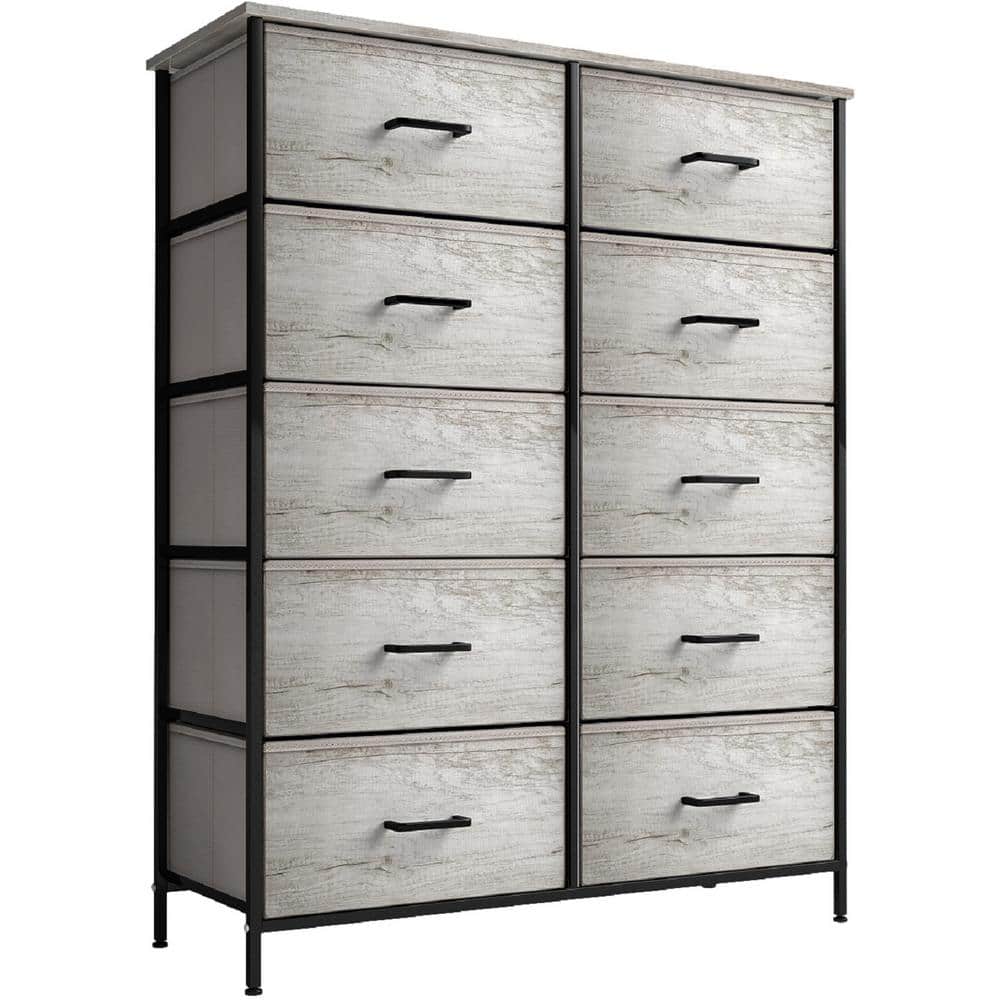 Sorbus Greige 10-Drawer Dresser with Faux Wood Bins & Steel Frame