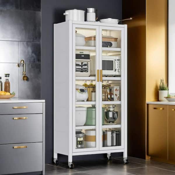 65.2 in. 5-Shelf White Metal Pantry Cabinet with Acrylic Glass Doors, Adjustable Shelves & Wheels