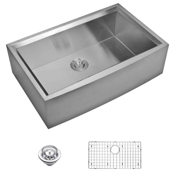 Water Creation Farmhouse Apron Front Zero Radius Stainless Steel 33 in. Single Basin Kitchen Sink with Strainer and Grid in Satin