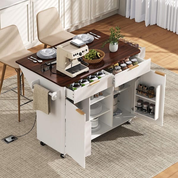 White Wood Fluted Rolling Kitchen Cart with Drop Leaf, Power Outlet, Adjustable Shelves, Drawers, Walnut Color Top