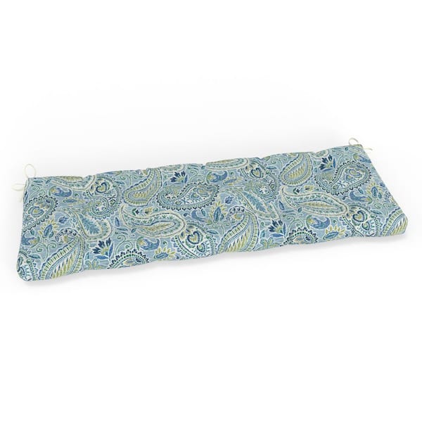 Pillow Perfect Paisley 60 in W x 5 in H Rectangular Outdoor Tufted Blown Bench Cushion with Ties 1-Count in Blue Arctic Stone