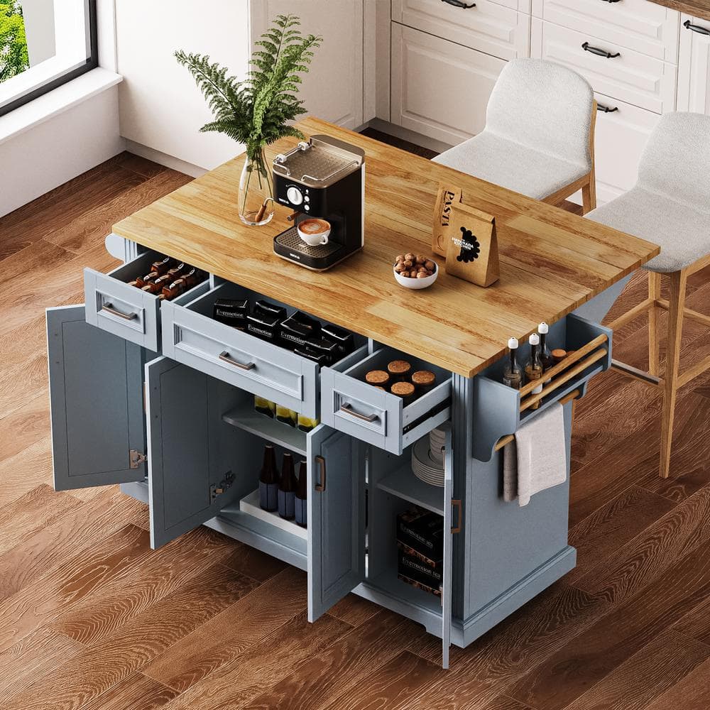 Gray Blue Drop Leaf Rubber Wood Large 54 in. W Embossed Texture Kitchen Island on 4-Wheels with 4-Doors and 3-Drawers