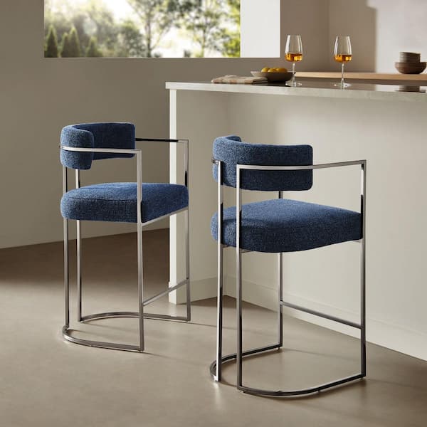 Huron Modern Barrel Counter Stool with Sled Base in Silver Navy – Fabric Upholstered Curved Back Stool with Metal Frame
