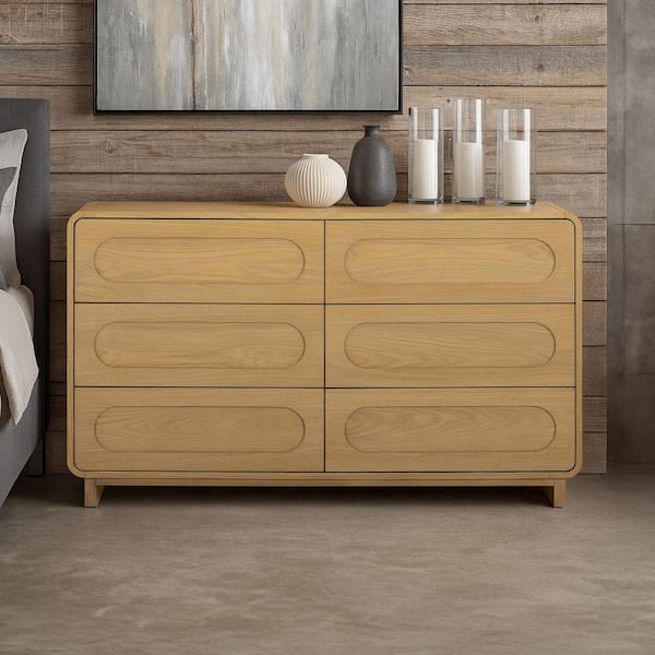 Tenley Natural 6-Drawer 55 in. W Dresser Wood Bedroom Storage Dresser with Spacious Drawers for Clothes Organization