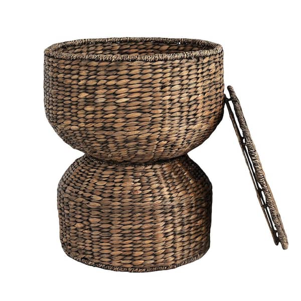 happimess Bhola 18 in. Hourglass Handwoven Hyacinth Storage Accent Table with Lid, Brown Wash