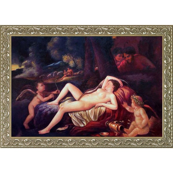 LA PASTICHE 29.5 in. x 41.5 in. "Sleeping Venus with Cupid, 1630 " by Nicolas Poussin Framed Oil Painting