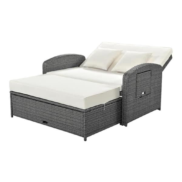 2-Person Gray PE Wicker Outdoor Reclining Day Bed with White Cushions, Adjustable Back and Storage Footrest