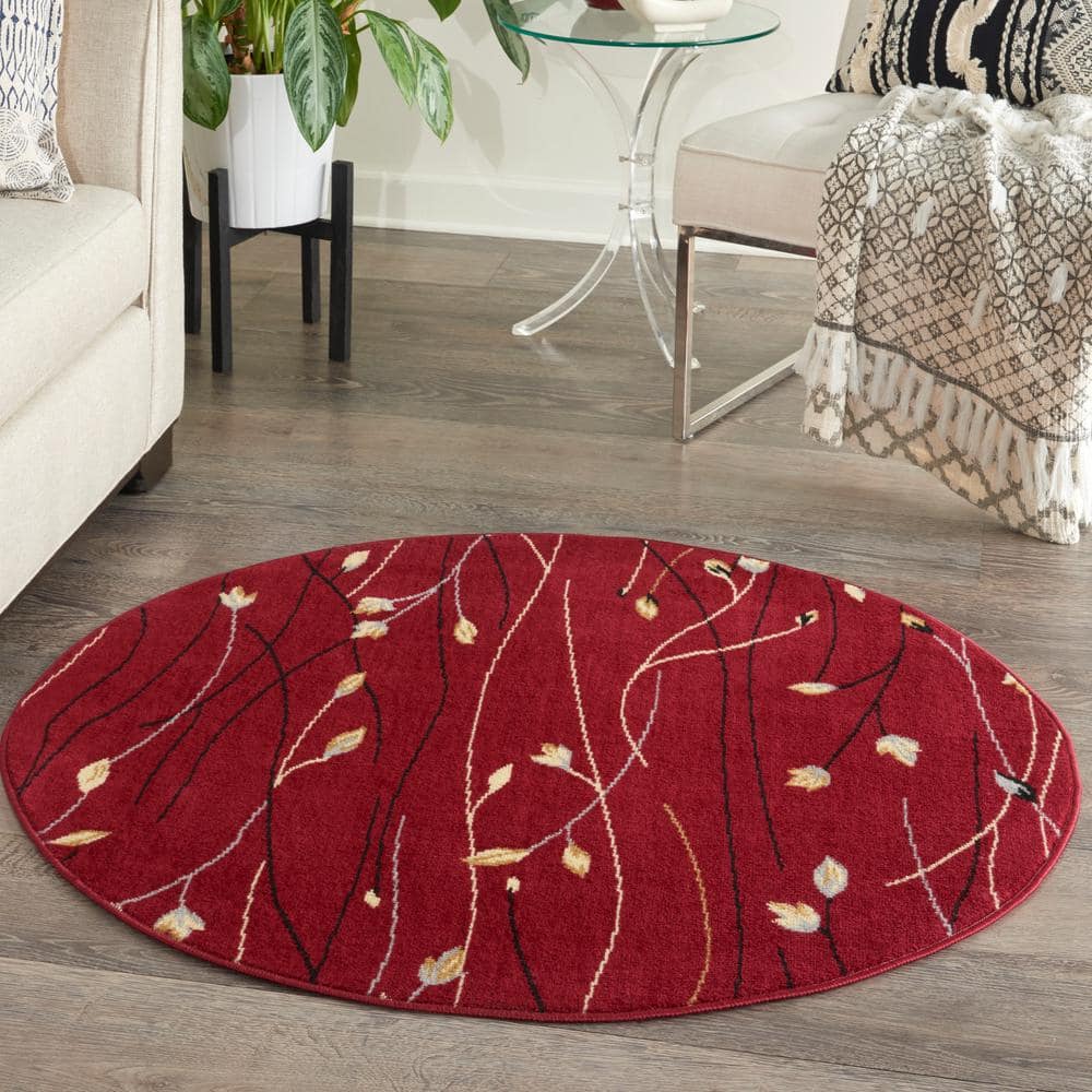 Red Round Floral Synthetic Easy Care Rug, 5'3"